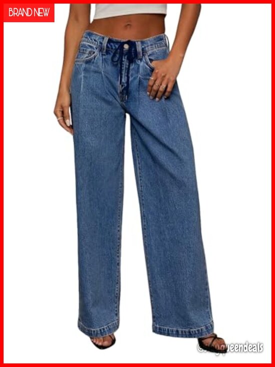 Denim - Wide Leg High Waisted Baggy Drawstring Denim Jeans Stretchy Elastic Waist